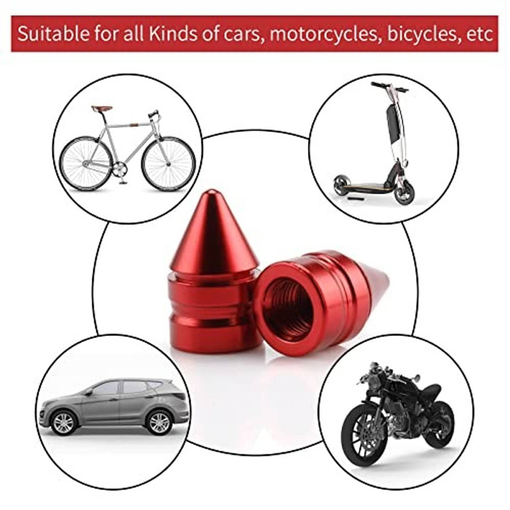 Set of four red conical valve caps with threaded openings for vehicles and bikes