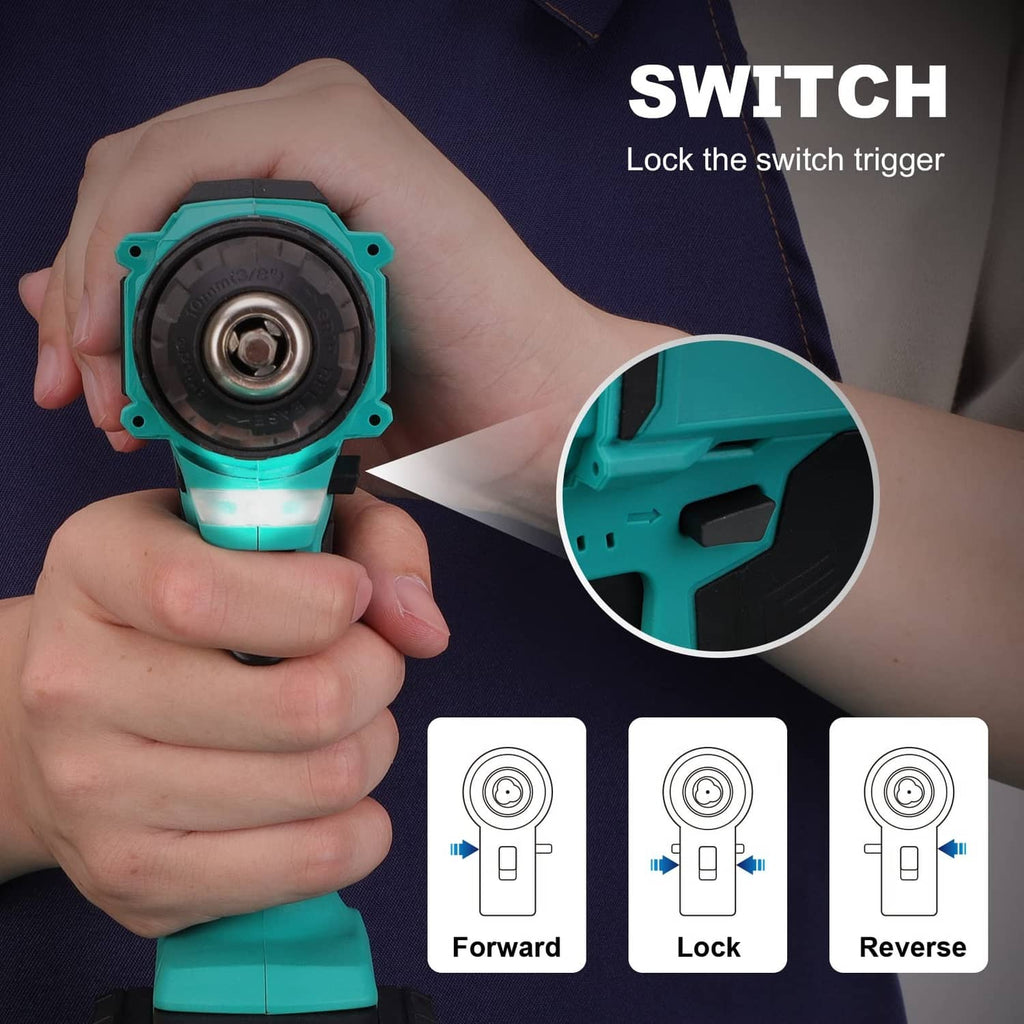 Cordless drill switch close-up with forward, lock, and reverse control icons