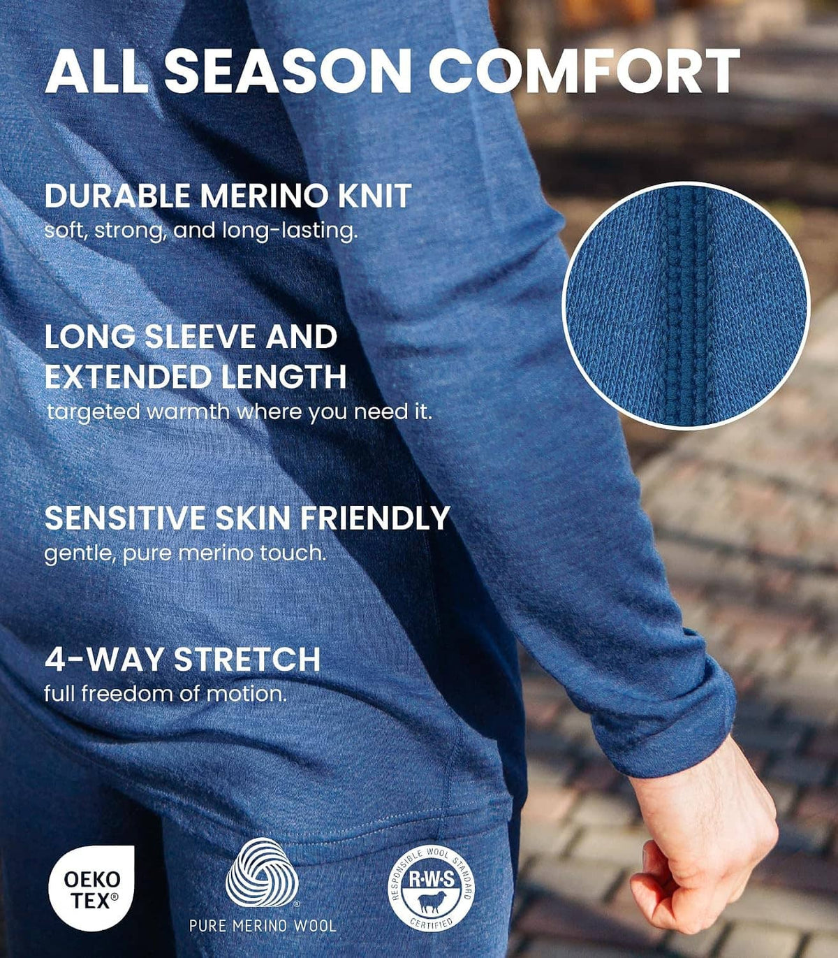 Blue merino thermal long-sleeve base layer close-up with knit texture detail