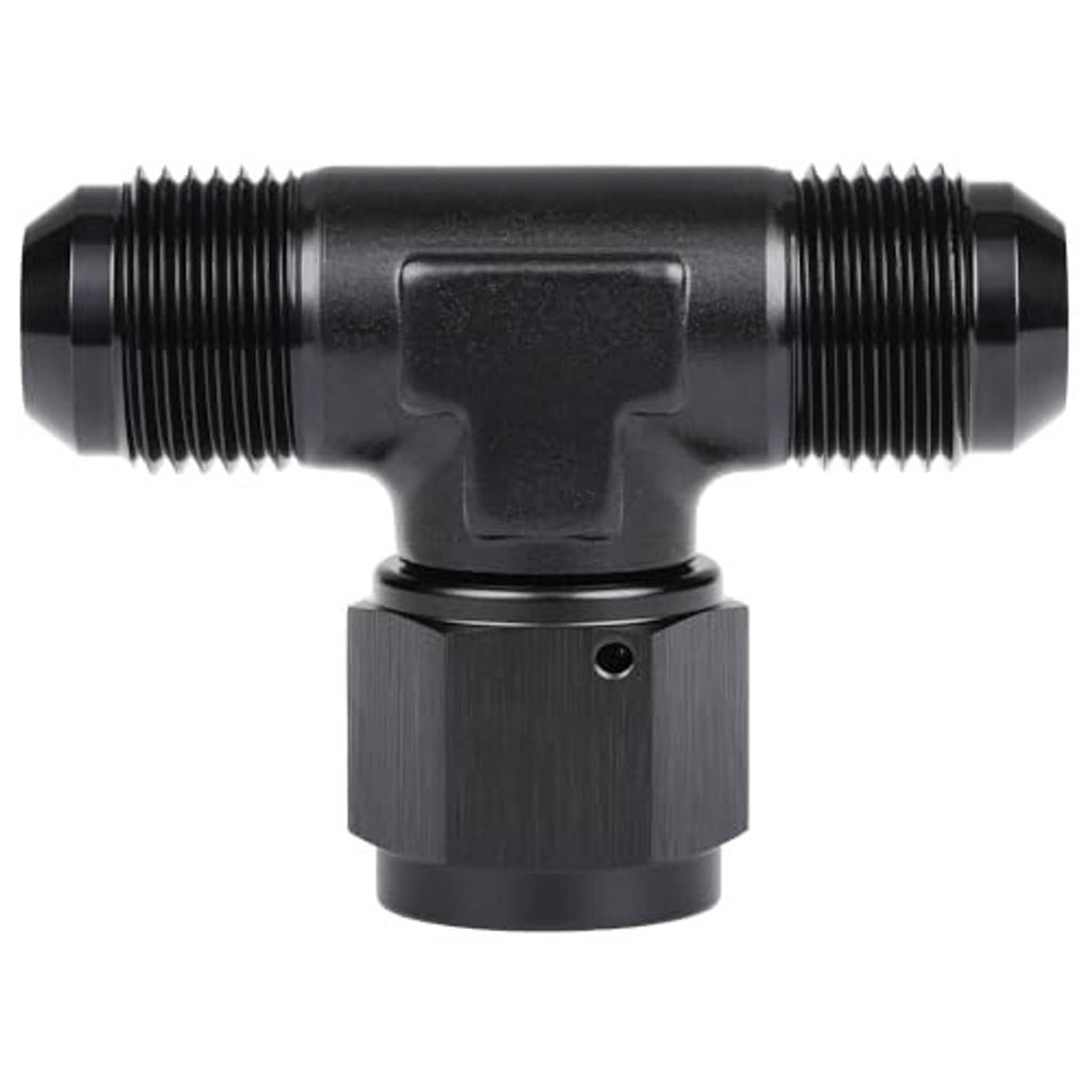Black three-way AN flare tee fitting adapter, centered connector with threaded ends