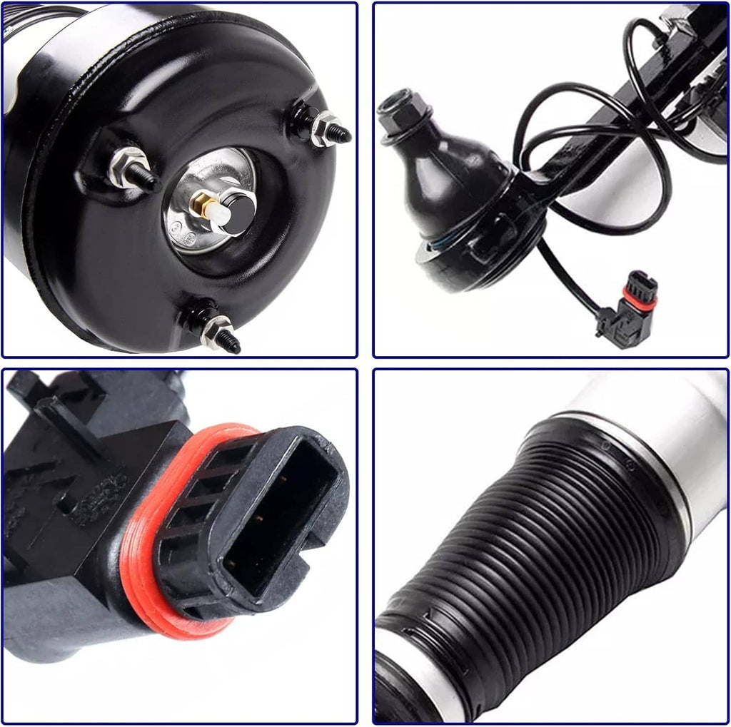 Front right air suspension strut details: mounting cup, electrical plug, and ribbed bellows