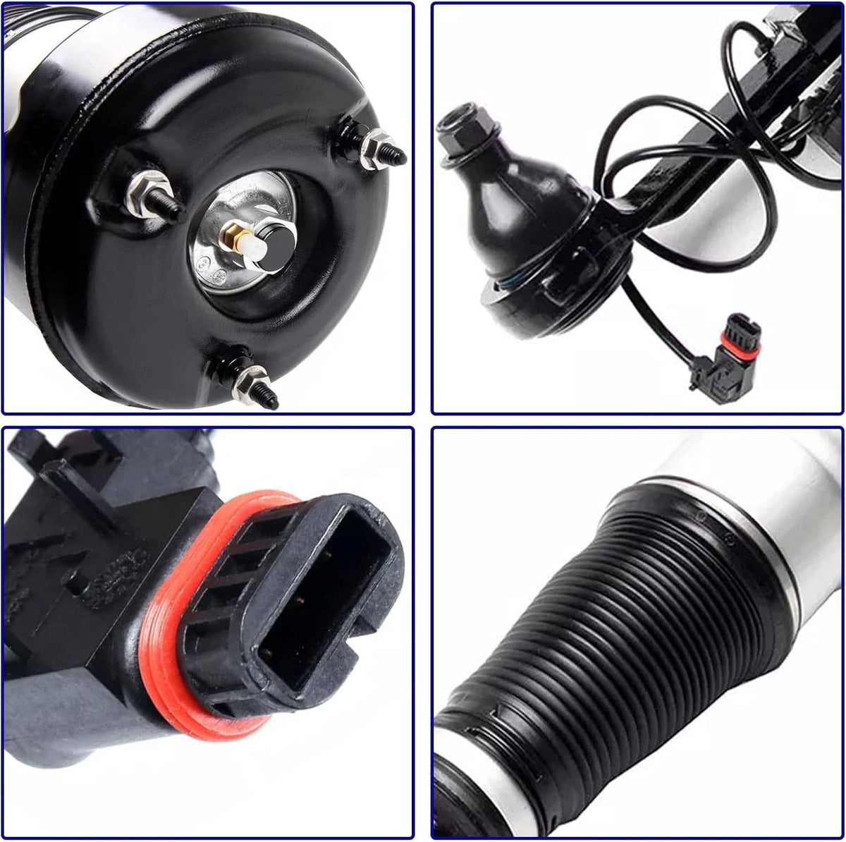 Front right air suspension strut details: mounting cup, electrical plug, and ribbed bellows