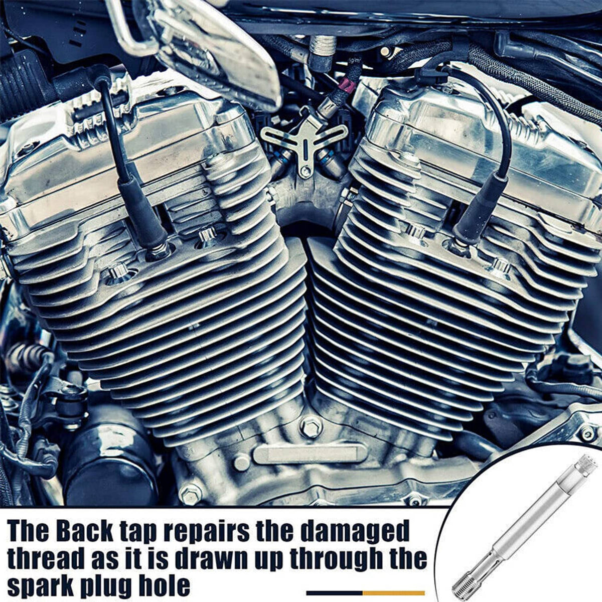 Silver back tap thread repair tool inset on motorcycle engine bay