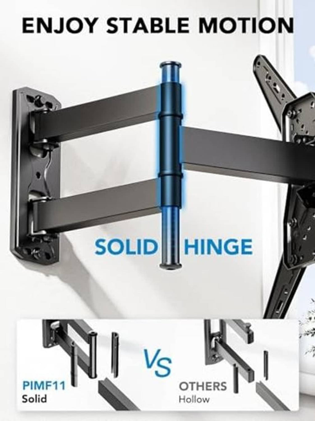 Stable motion TV wall mount diagram highlighting solid hinge design