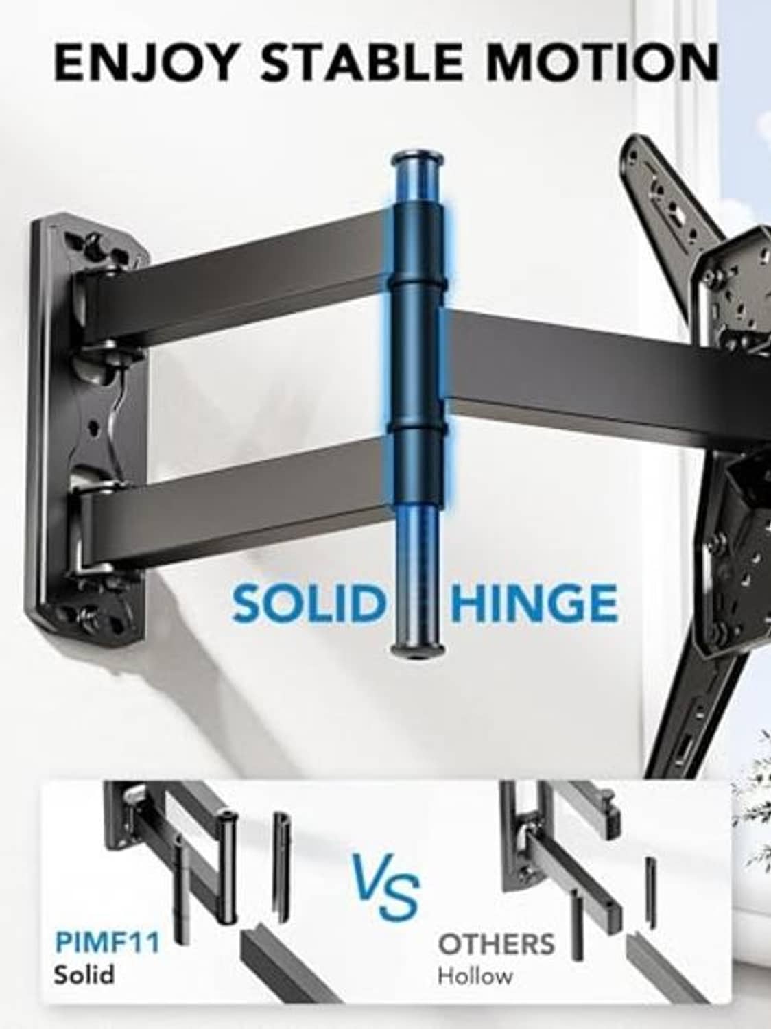 Stable motion TV wall mount diagram highlighting solid hinge design