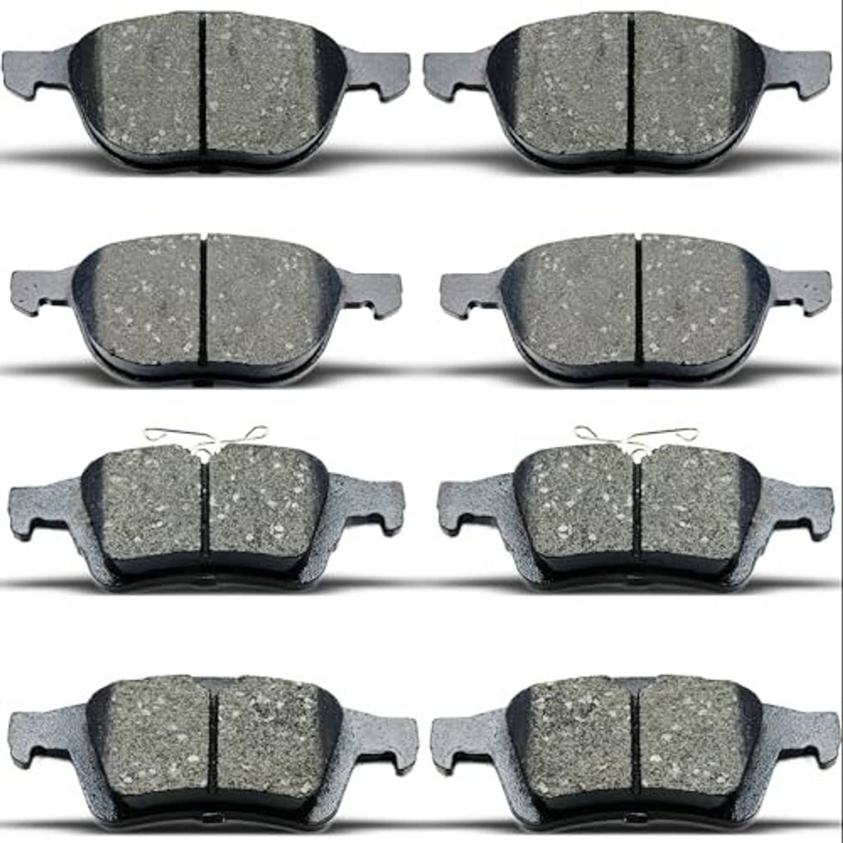 Ceramic brake pad set with multiple pairs, gray friction material and black metal backing
