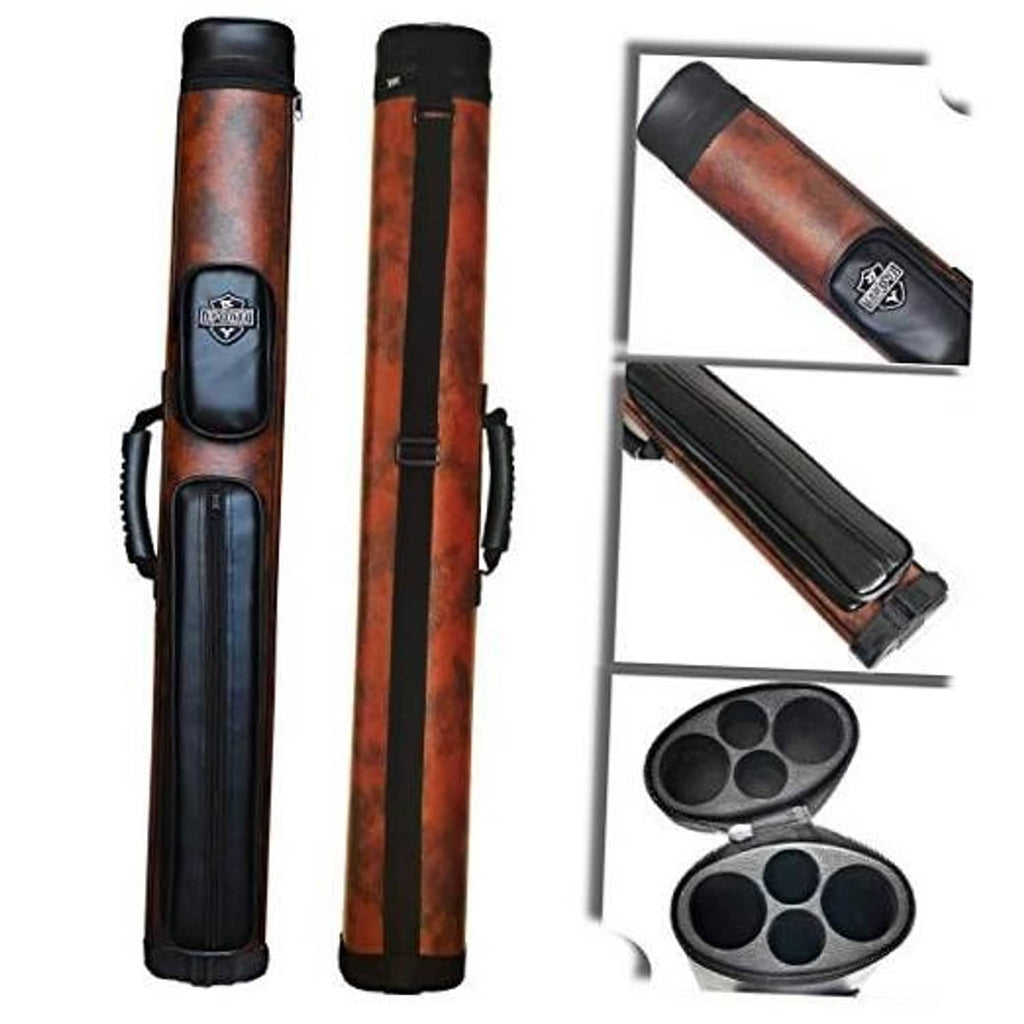 Oval pool cue case, brown wrap with black end caps and two-cue storage sleeves