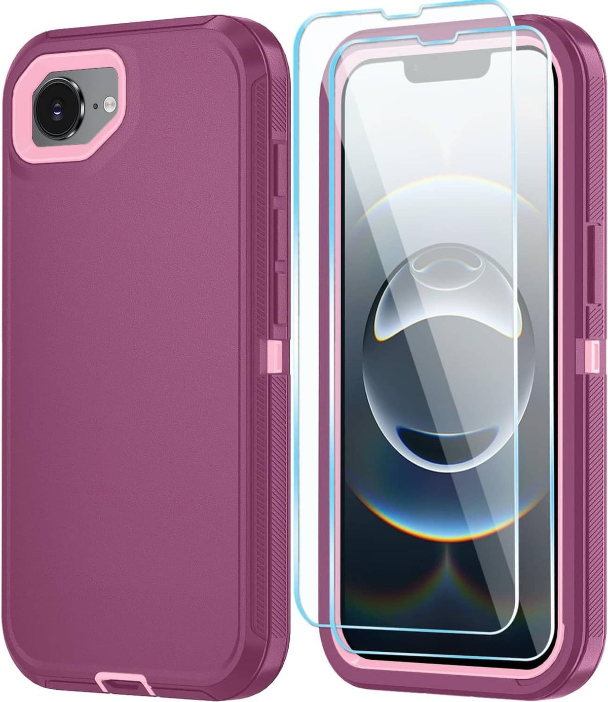 Purple phone case with clear screen protector and pink frame, back and front view.