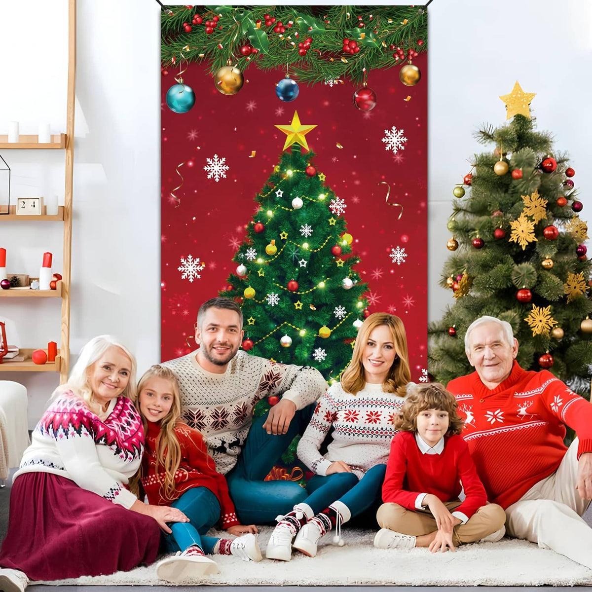 Christmas door cover with printed green tree, gold star, hanging ornaments, and gifts