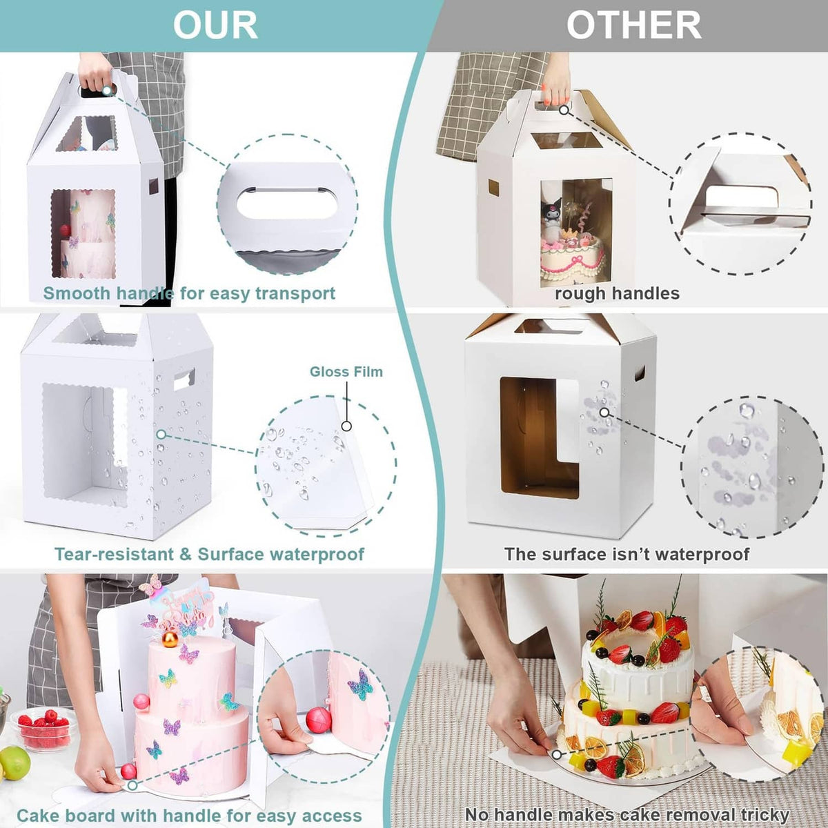 White tier cake box with smooth carry handle and clear window panel