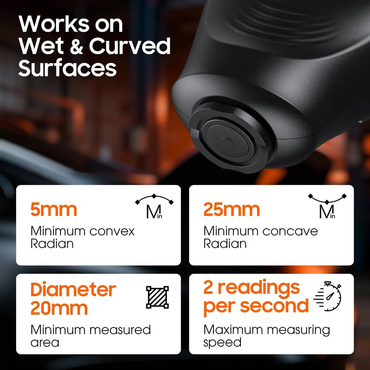 Digital coating thickness gauge for wet and curved surfaces with spec callouts.