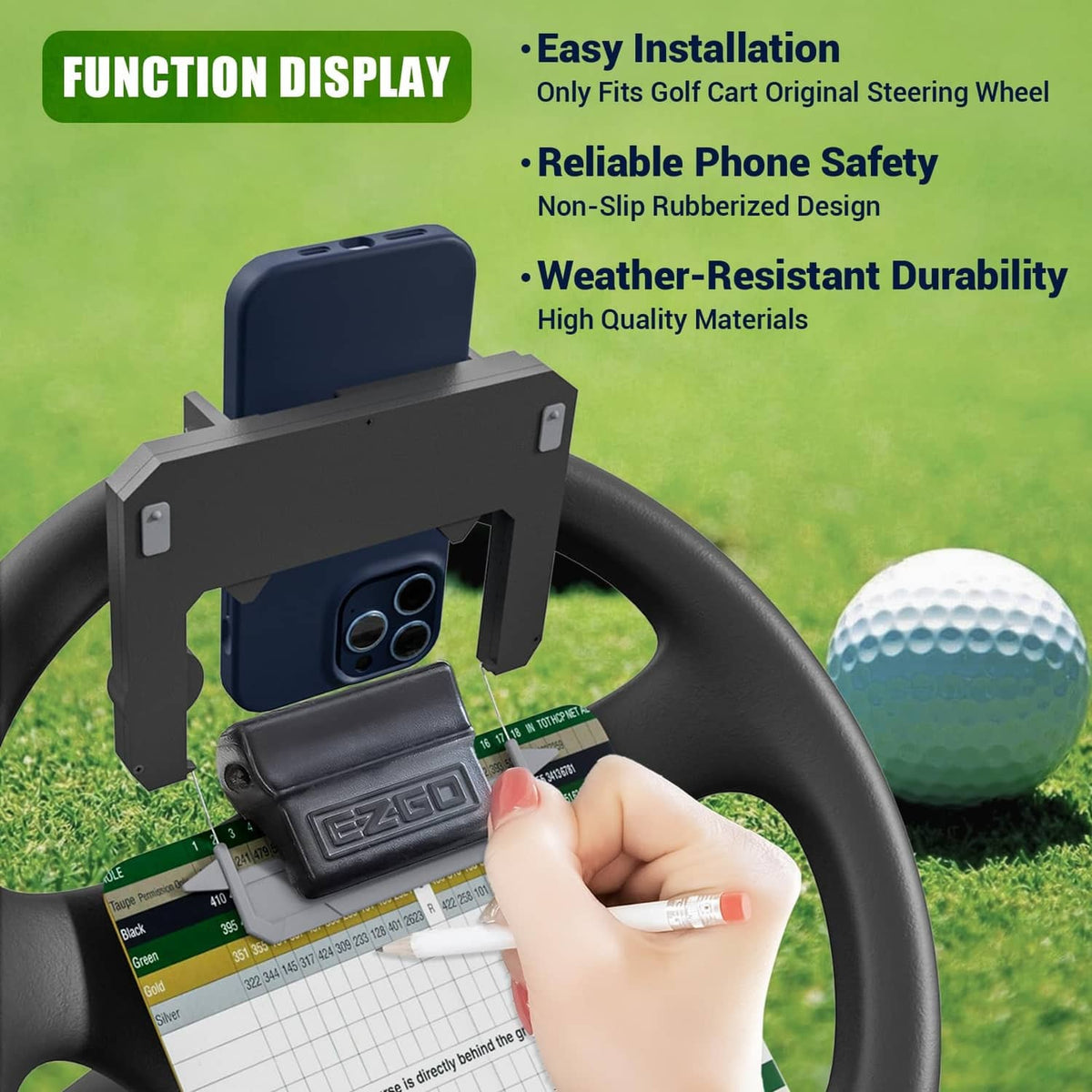 Steering wheel phone mount with rubber-textured grip pads and secure cradle