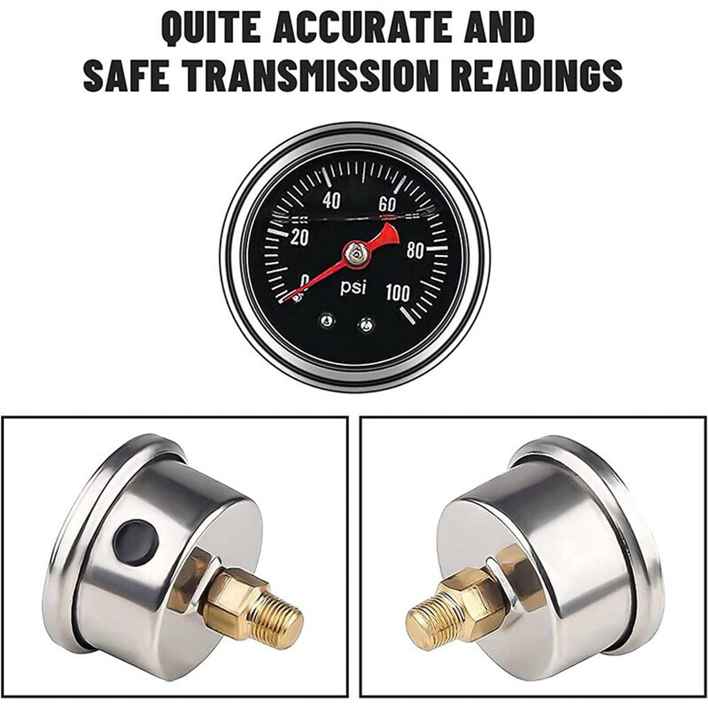 Round fuel pressure gauge face with red needle and 0–100 psi markings