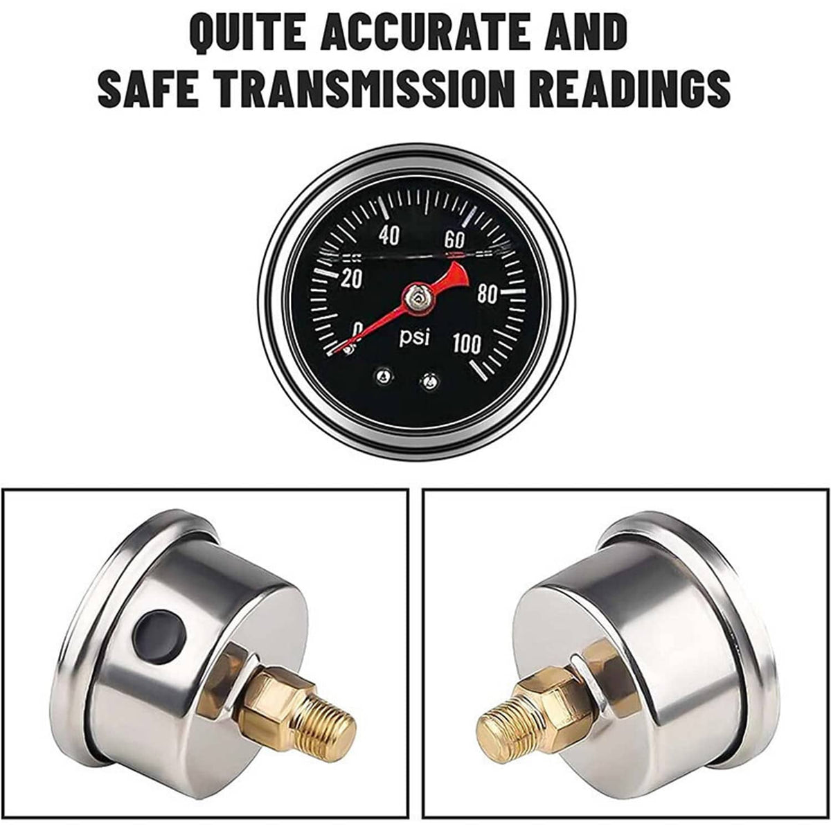 Round fuel pressure gauge face with red needle and 0–100 psi markings