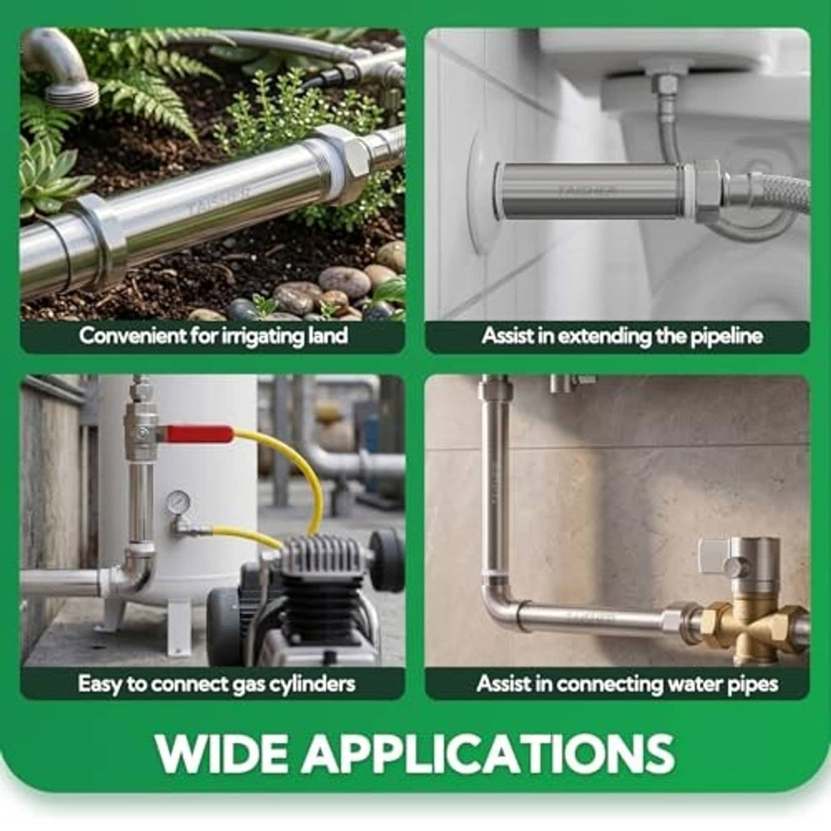 Wide applications graphic showing stainless pipe fittings for irrigation and water lines