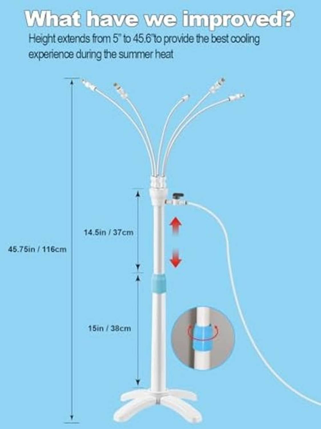 Outdoor patio misting stand height diagram with central pole and multi-mist lines