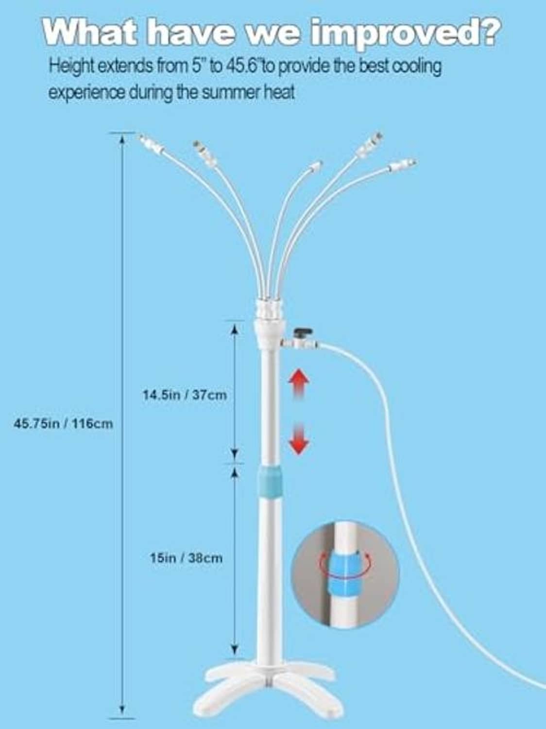 Outdoor patio misting stand height diagram with central pole and multi-mist lines