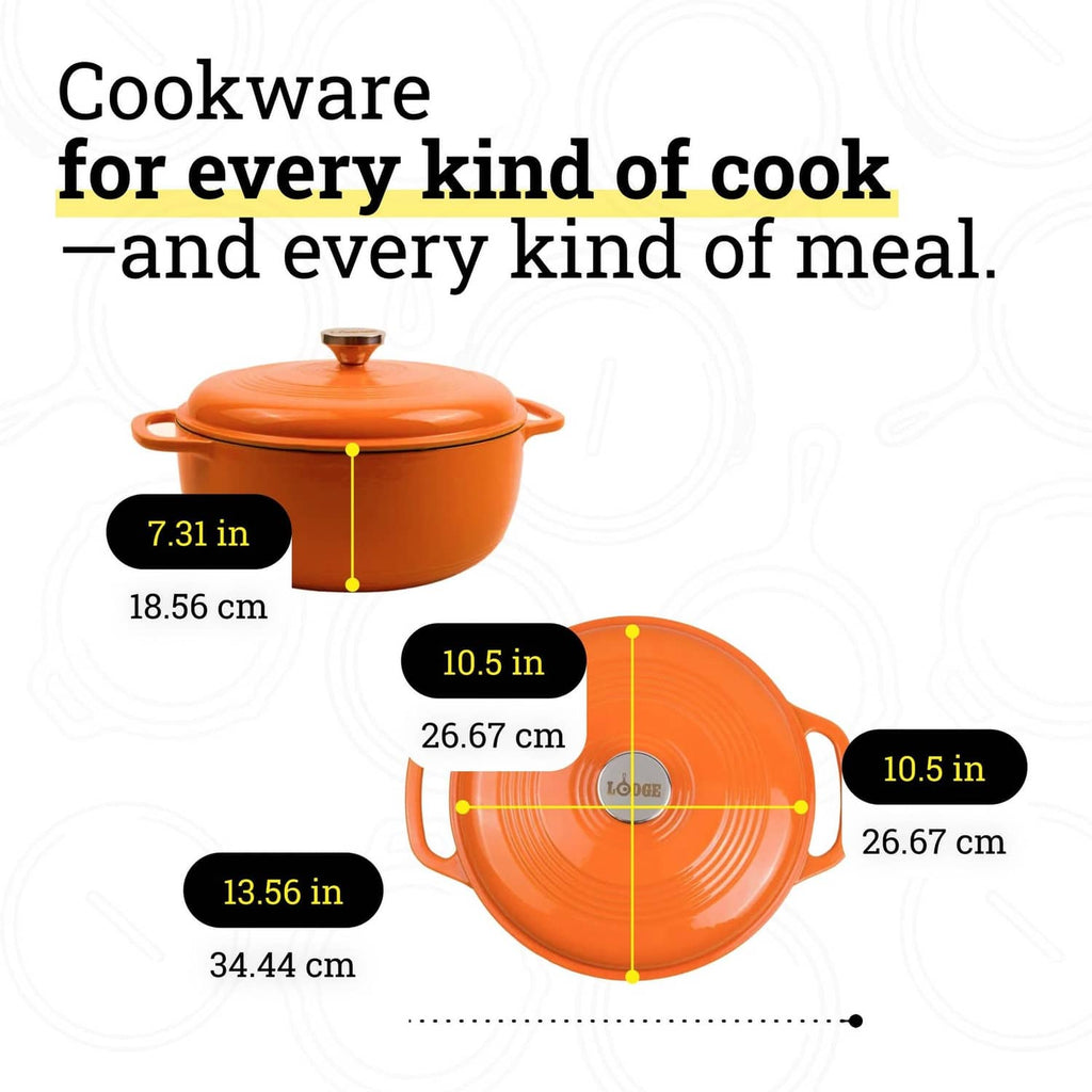 Pumpkin-orange enameled cast iron Dutch oven dimension diagram with lid and handles