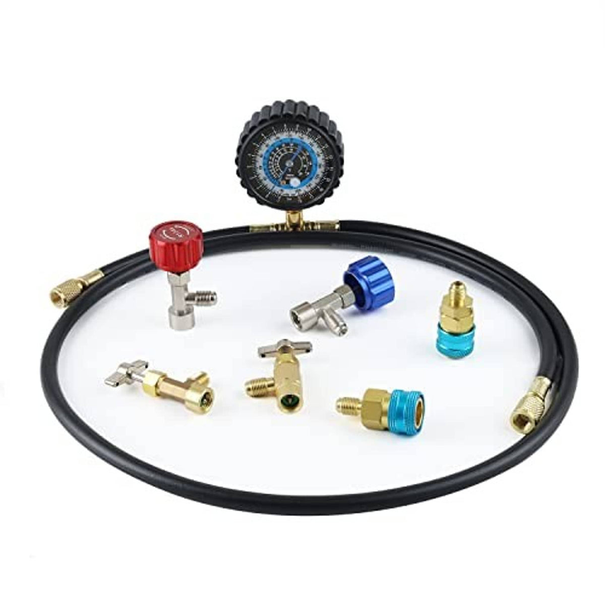 Refrigerant recharge kit with gauge, black hose, brass connectors, red and blue caps