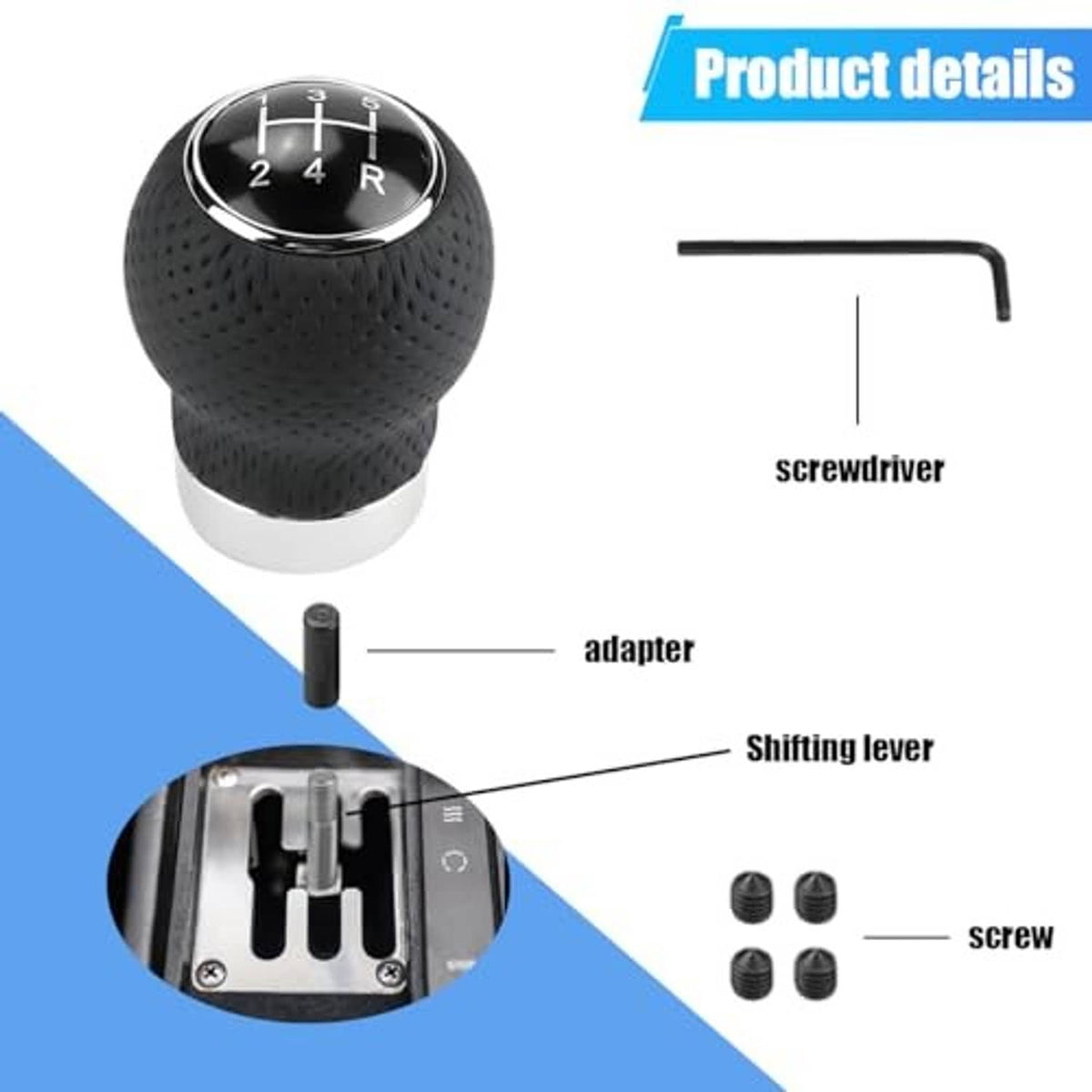 Perforated black leather 5-speed shift knob with chrome gear dial, screwdriver and adapter