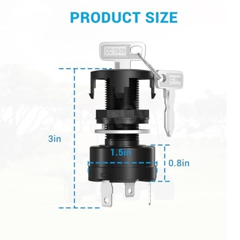 Ignition key switch product size diagram with keys and labeled black 4-pin housing