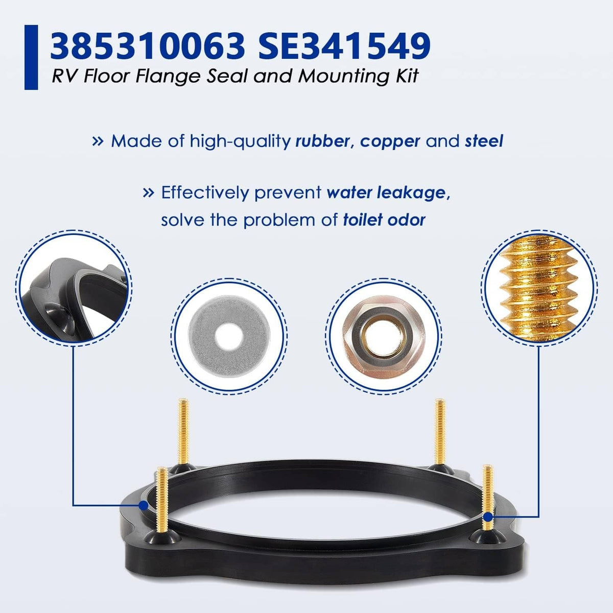 RV toilet floor flange seal and mounting kit with rubber seal, copper and steel hardware