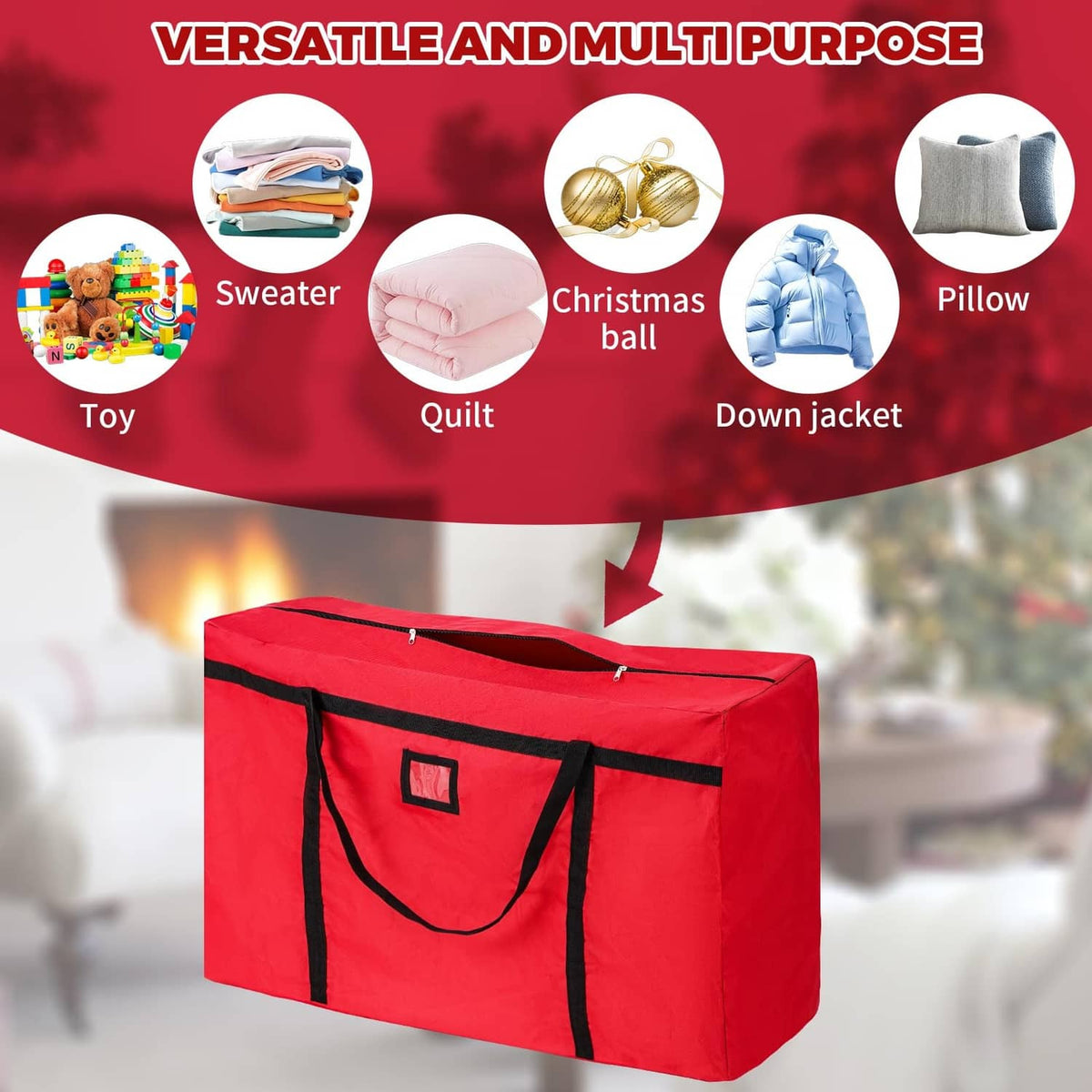 Red multi-use storage bag with black handles and top zipper for bulky items.