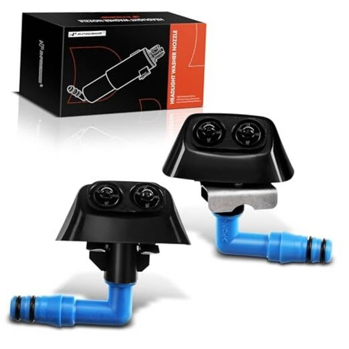 Pair of black headlight washer nozzle jets with blue hose fittings