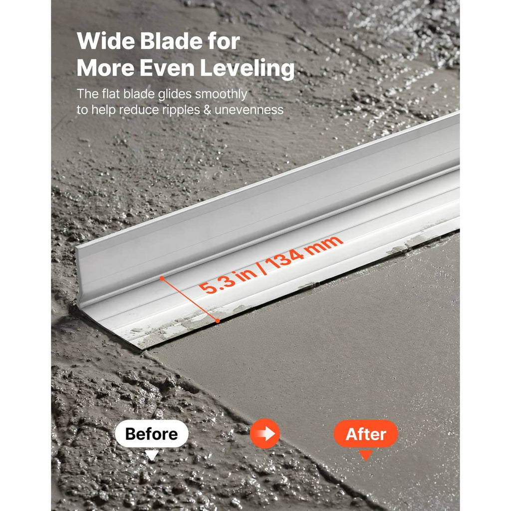 Aluminum concrete screed blade leveling the surface with a wide flat edge