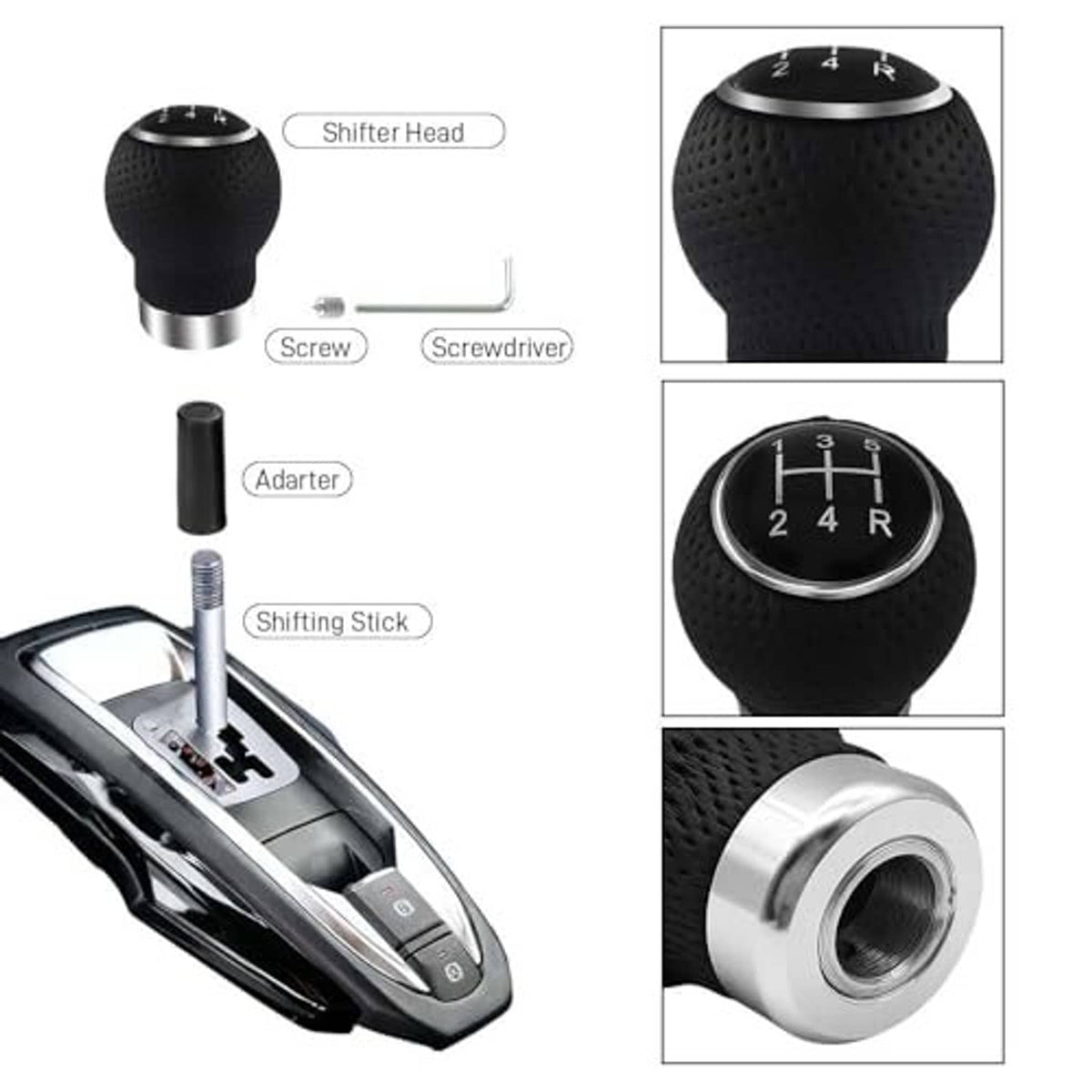 Gear shift knob kit contents: knob head, screws, adapter, shifter stick and threaded part