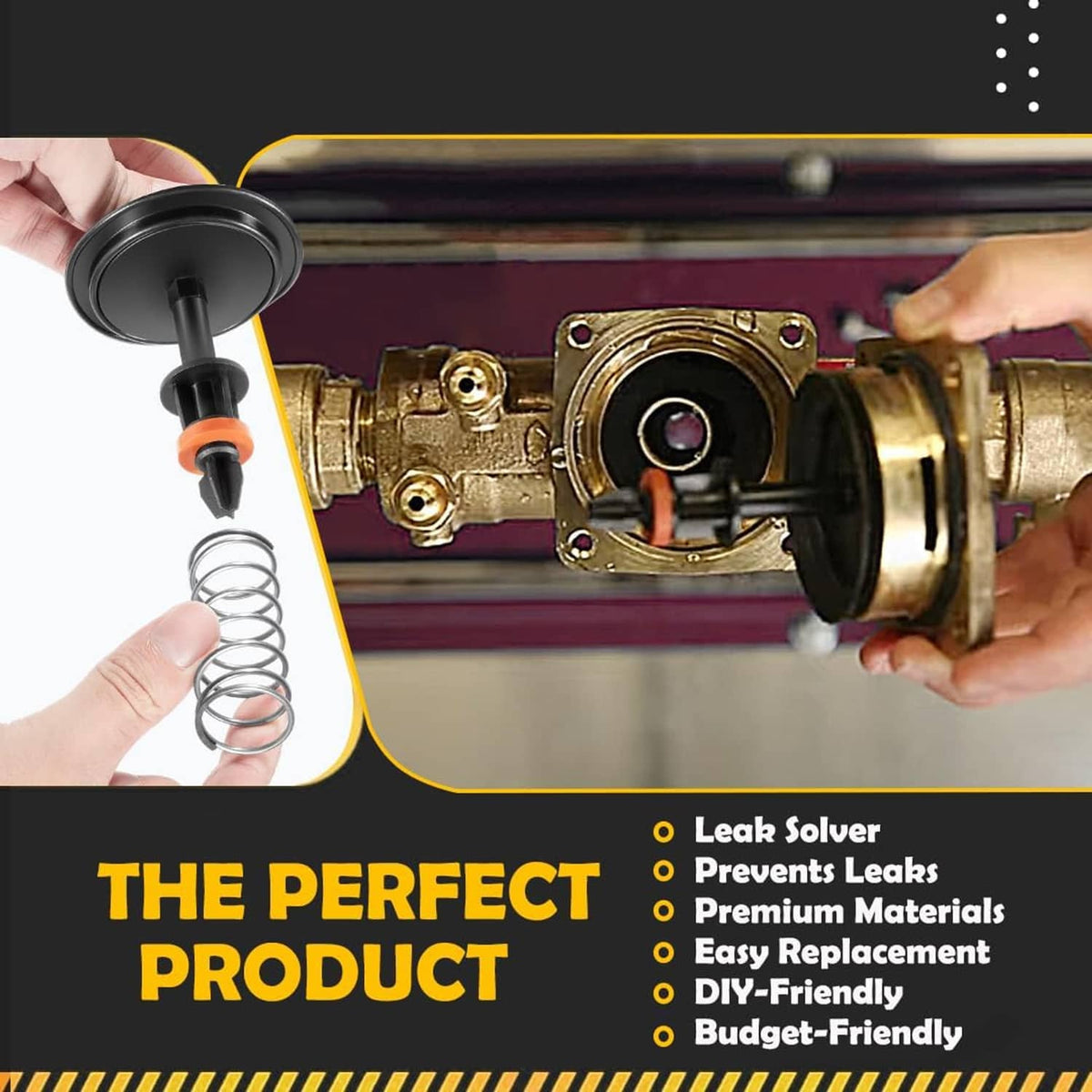 Backflow preventer repair kit with brass valve body, black housing, orange stem, and spring