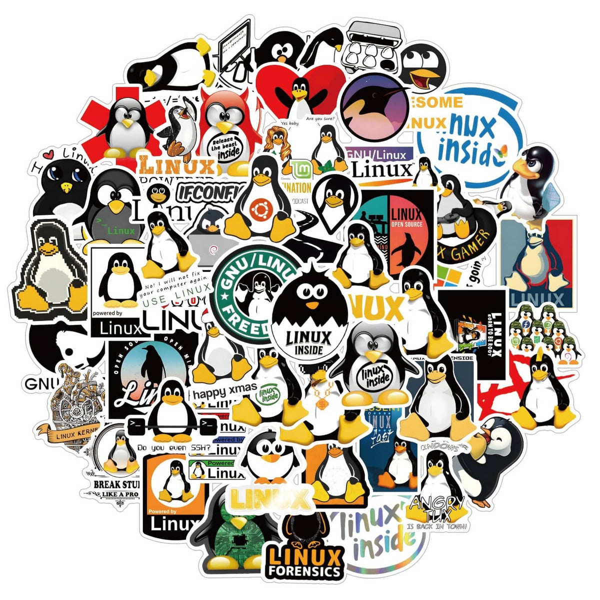 Assorted Linux character and logo stickers displayed together on a white background