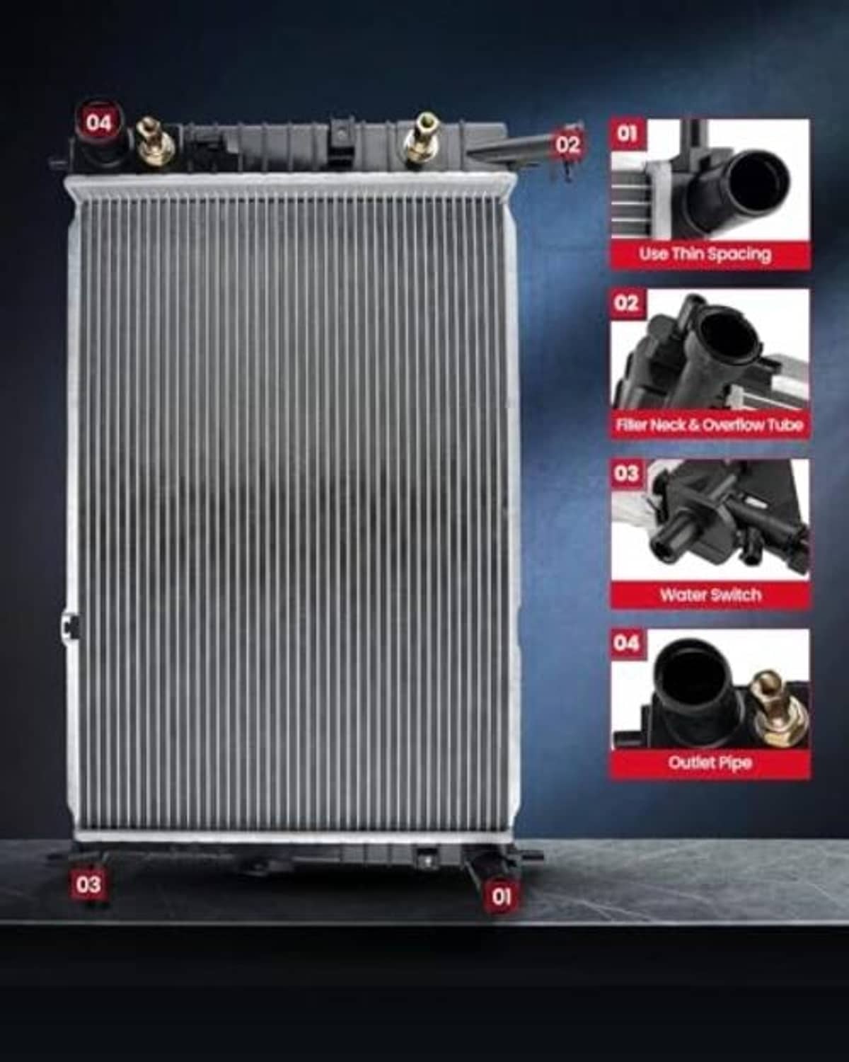 Replacement car radiator with dense silver fins and multiple tubing ports on the top edges.