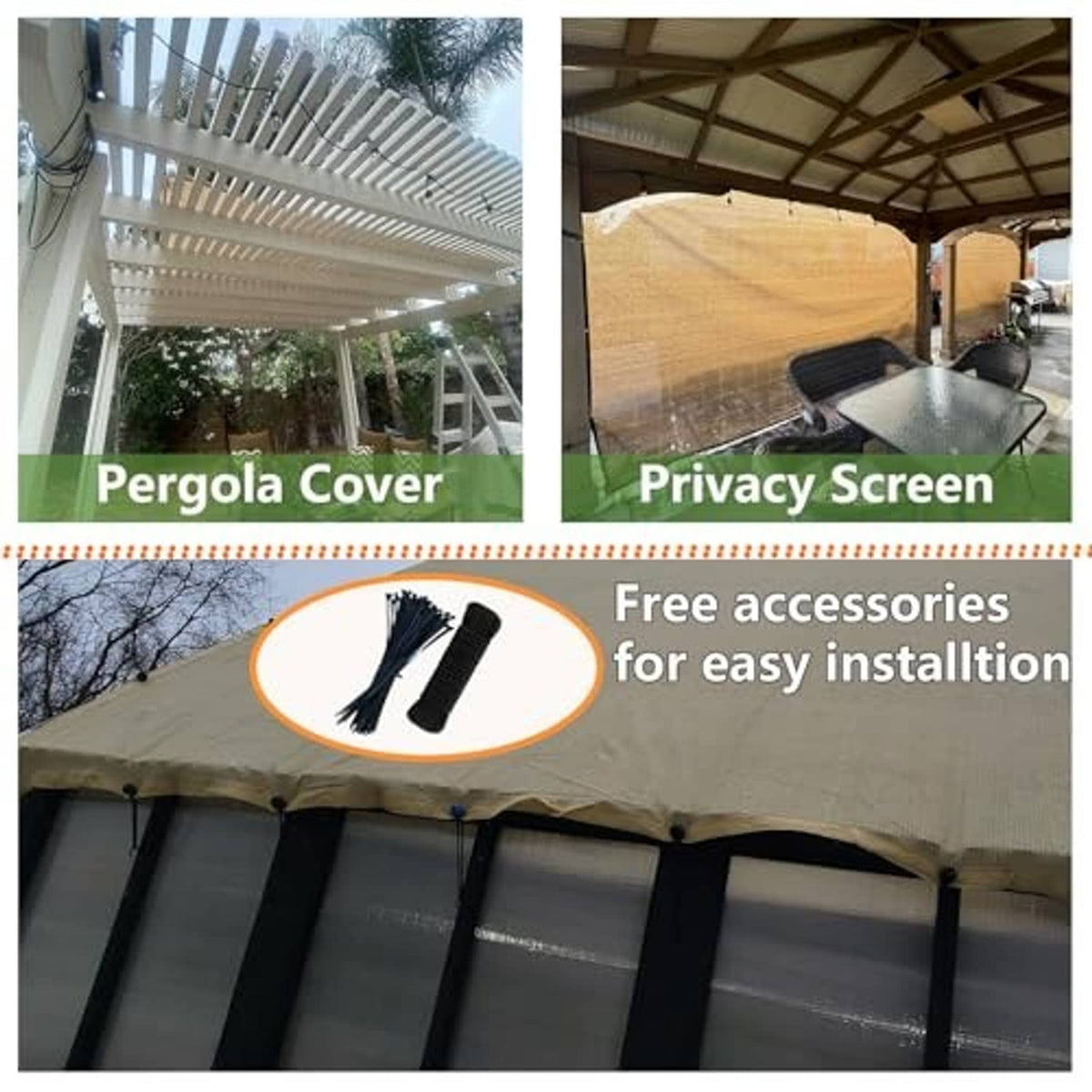 Beige pergola sun shade cloth with included grommet ties for easy installation
