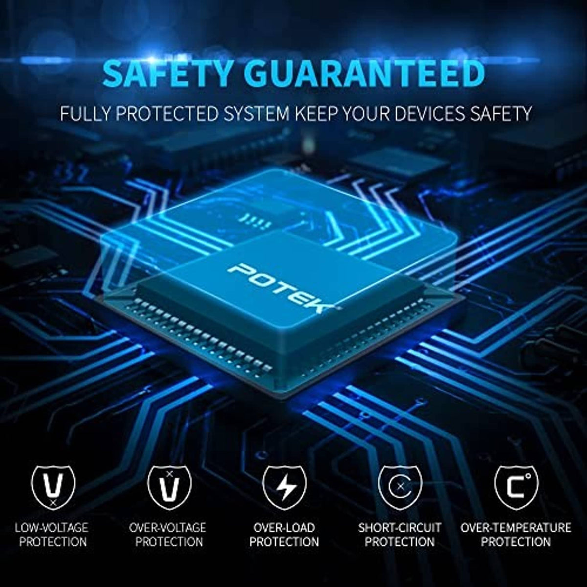 Red Potek 500W inverter with embedded chip and protective safety icons