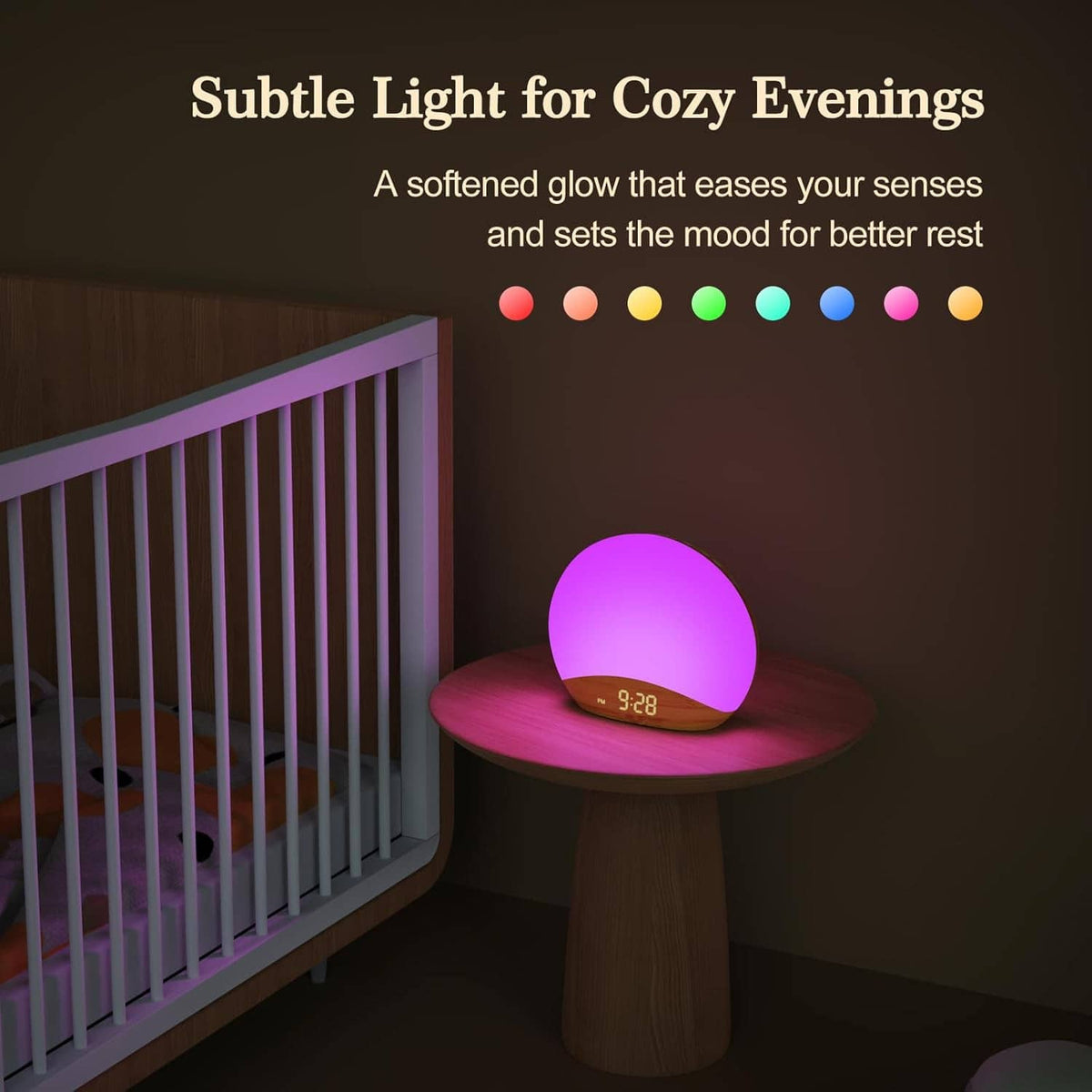 Wood grain sunrise alarm clock with multi-color glow, shown in purple