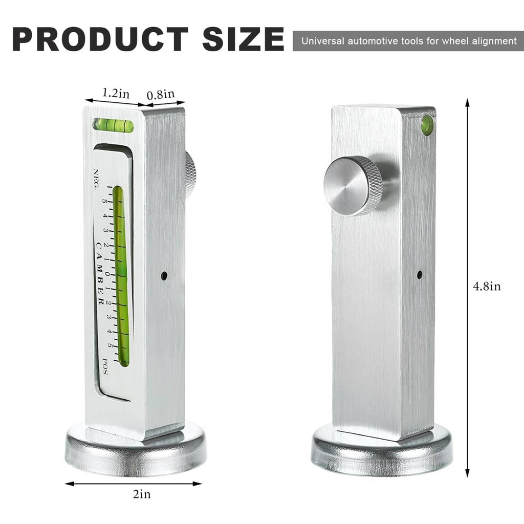 Metal camber gauge tool with base magnet and ruler scale, white body face
