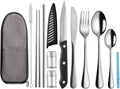 Travel cutlery set in gray zip case: stainless fork, spoon, knife, straws, and brushes.