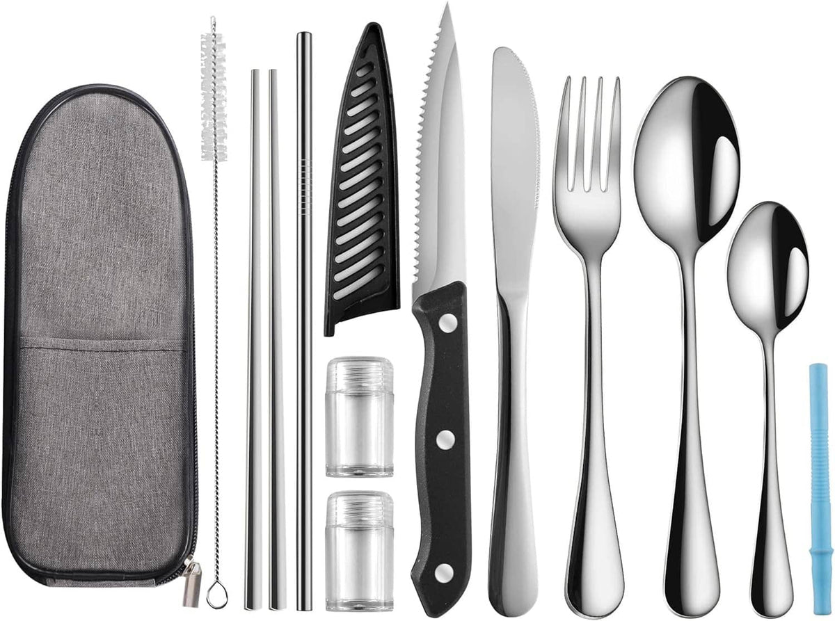 Travel cutlery set in gray zip case: stainless fork, spoon, knife, straws, and brushes.