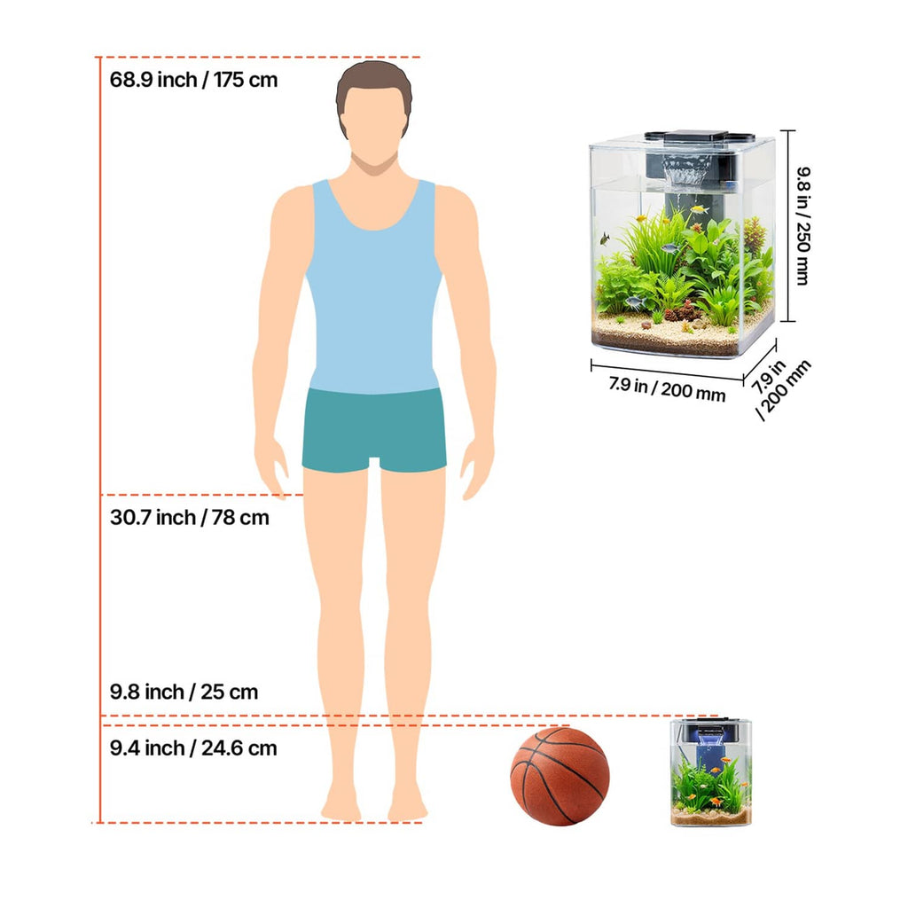 2-gallon small plastic aquarium tank size chart beside person and measuring lines