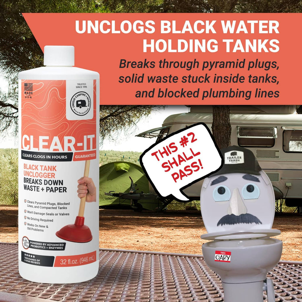 Clear-It black water holding tank unclogger bottle with orange label and red plunger base