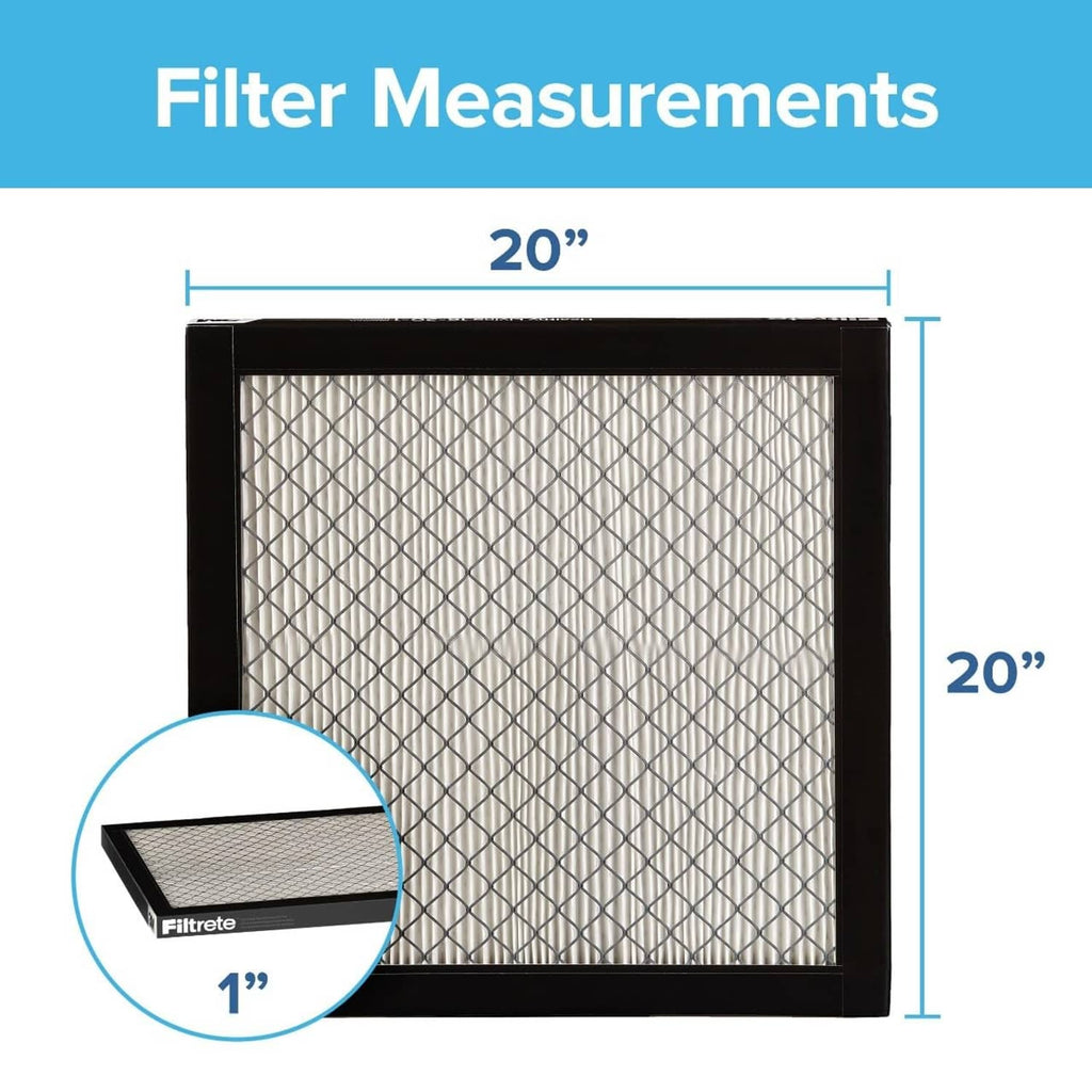 Air filter size diagram showing 20 in x 20 in x 1 in filter depth