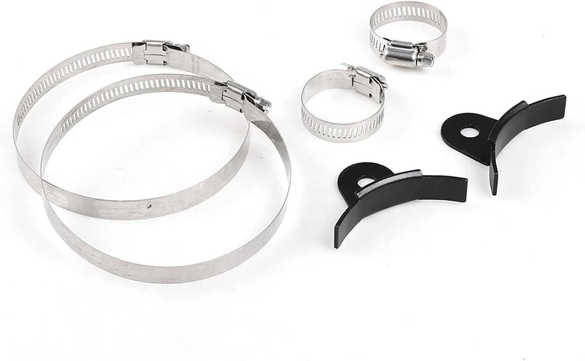 Metal hose clamps and mounting brackets with blue-capped power steering reservoir tank