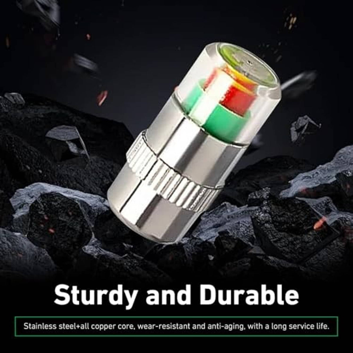 Car tire pressure monitor valve stem cap, silver metal with colored indicator window