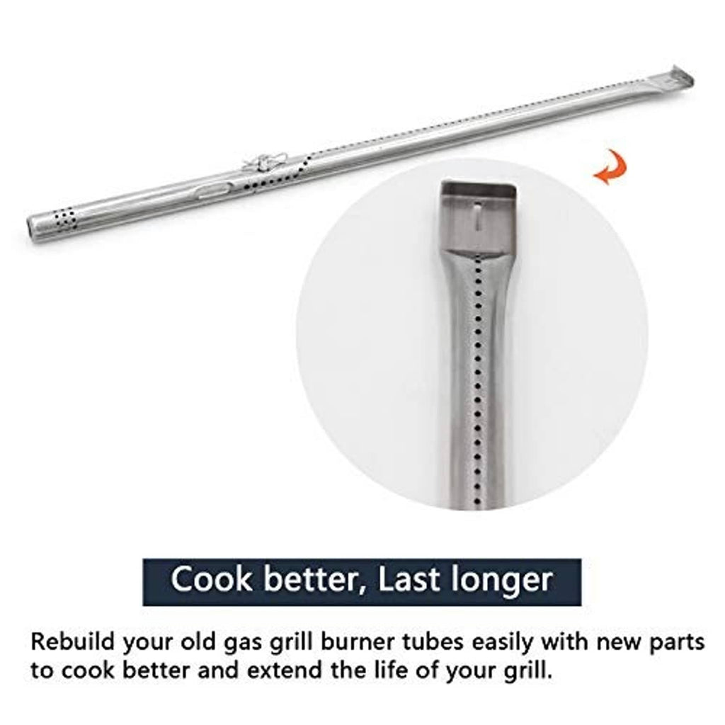 Stainless steel gas grill burner tube replacement with close-up of perforated cooking surface