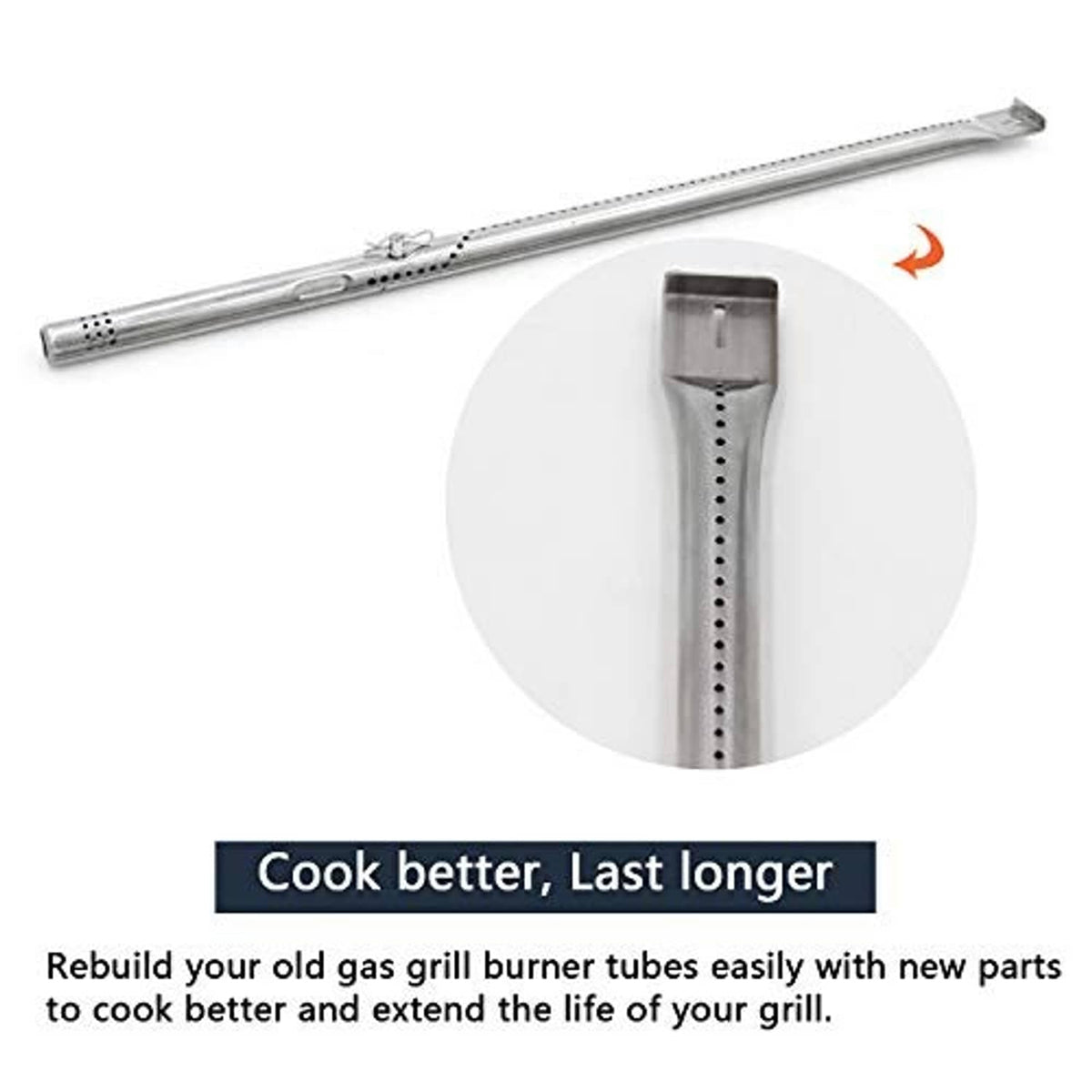 Stainless steel gas grill burner tube replacement with close-up of perforated cooking surface