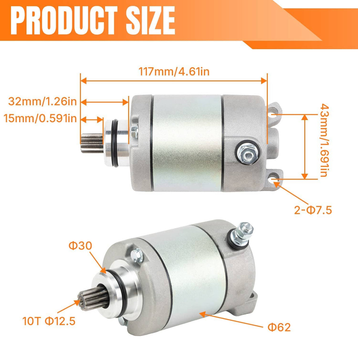 Starter motor size diagram with key measurements and mounting hole details