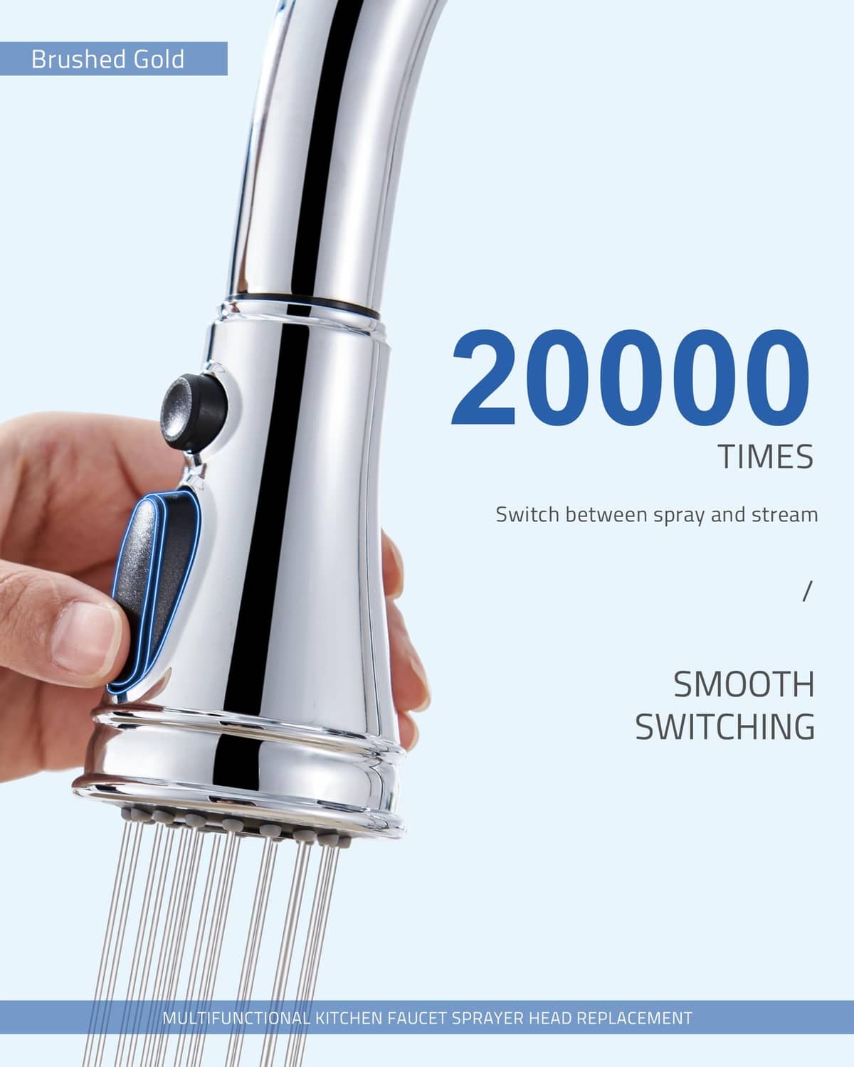 Chrome kitchen faucet spray head replacement showing switch between spray and stream