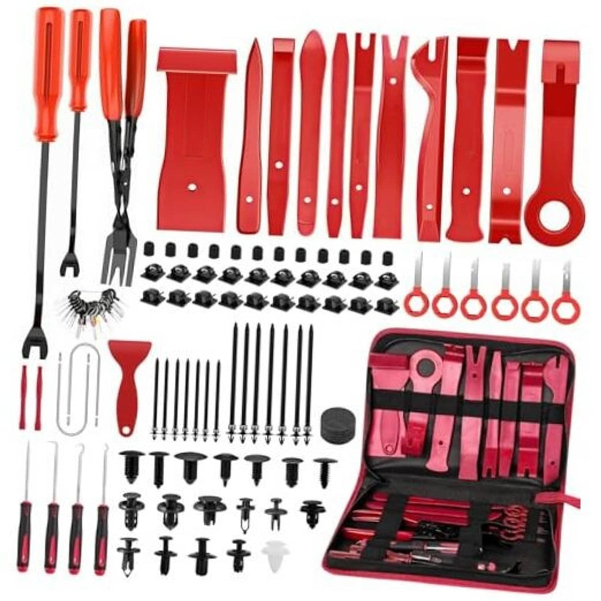 Auto trim removal tool kit with red pry tools, bits, and storage case