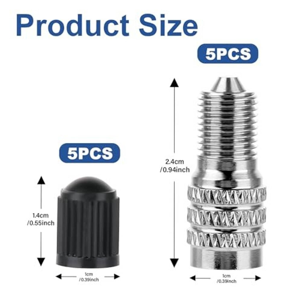 Metal valve stem extension cap with black ribbed top and visible size diagram